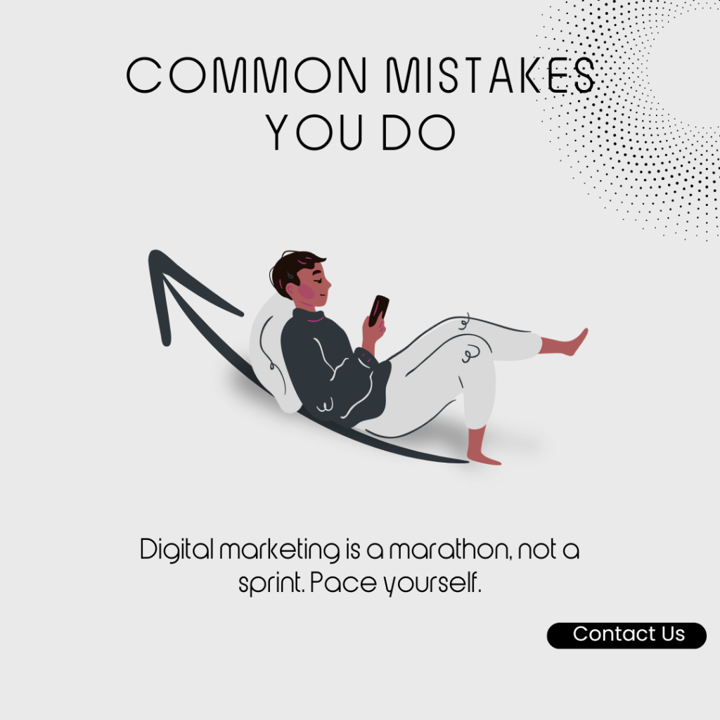 Minimal illustration of a relaxed learner sitting on an upward arrow with text “Common Mistakes You Do,” symbolizing beginner mistakes in digital marketing and the importance of pacing learning.
